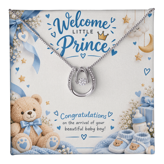 New Mom Gift for Baby Boy – Lucky In Love Necklace with Congratulations Message Card