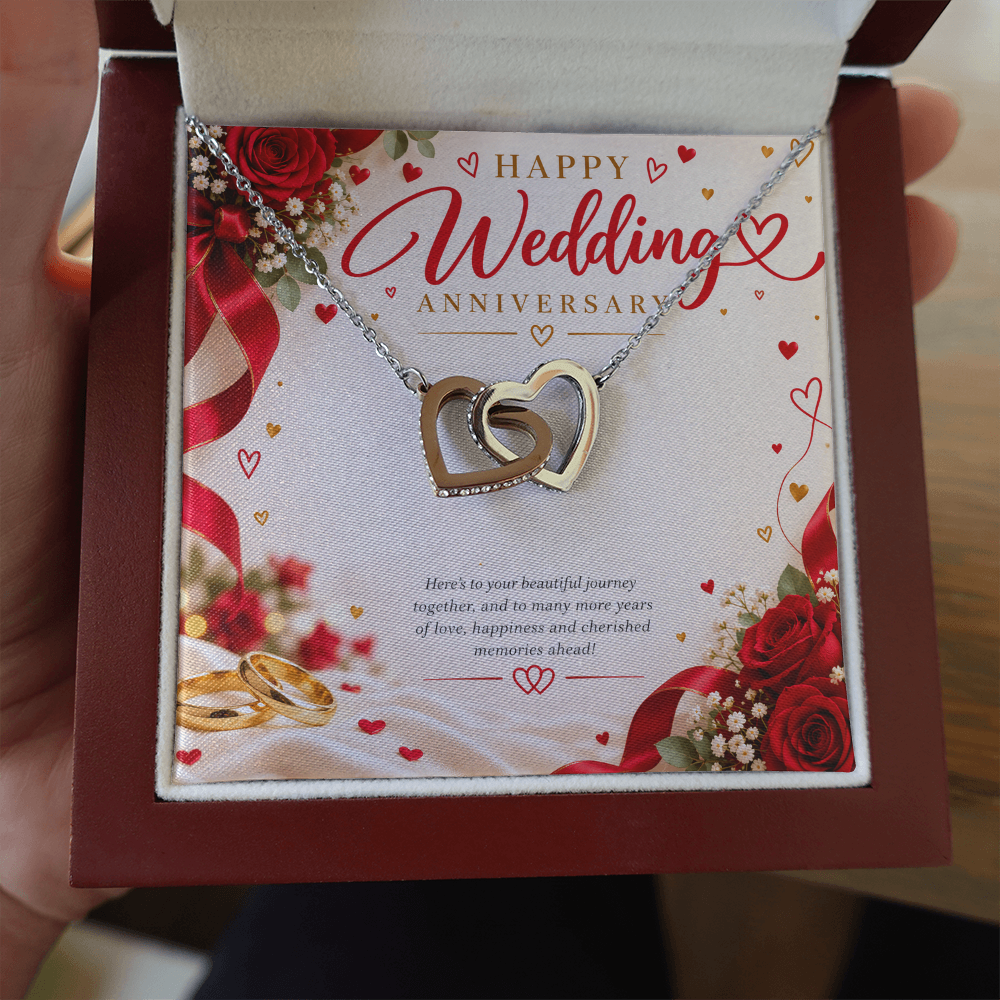 Wedding Anniversary Gift for Her – Interlocking Hearts Necklace with Message Card
